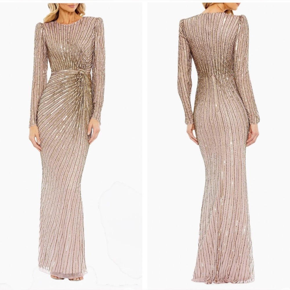 Mac Duggal Long Sleeve Sequin Gown in Gold and Cream